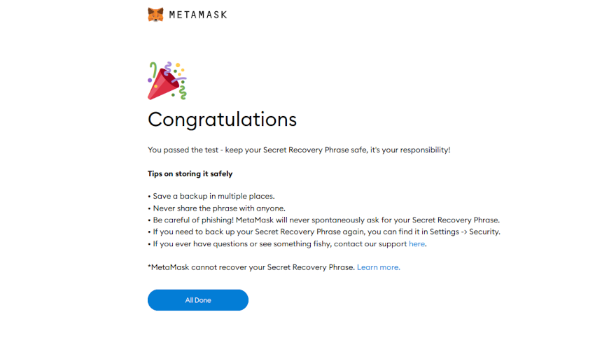 Congratulation Metamask Wallet was set up