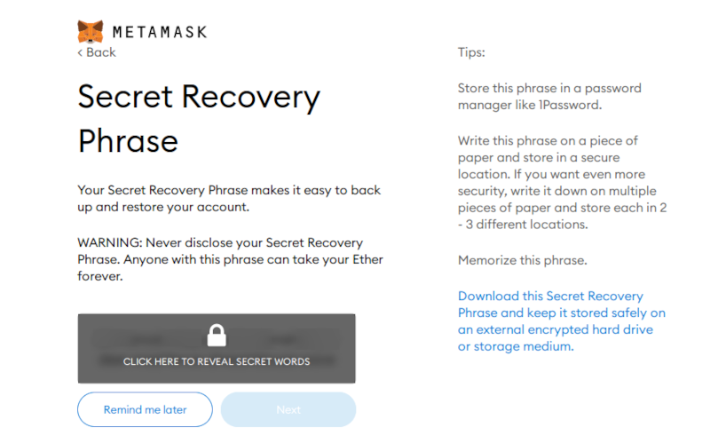 Metamask Secret Recovery Phrase set up