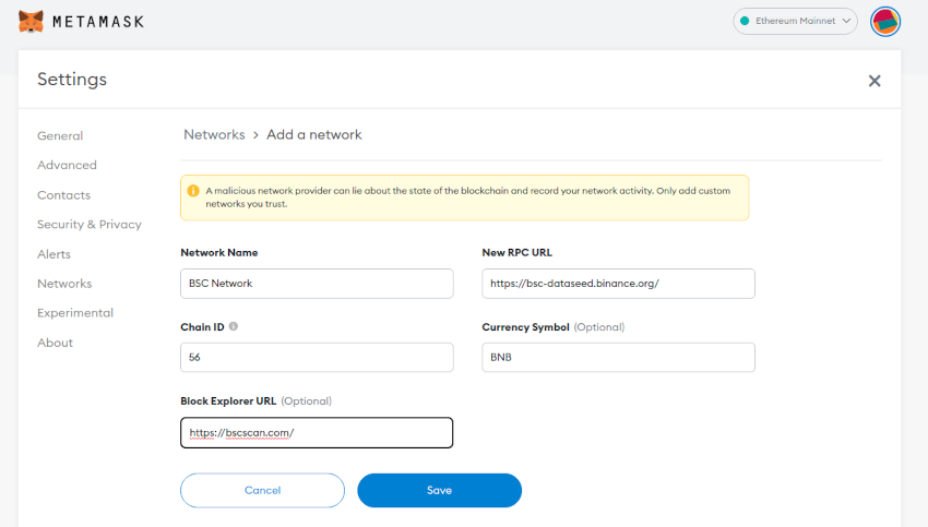 Set up Binance Smart Chain in the metamask