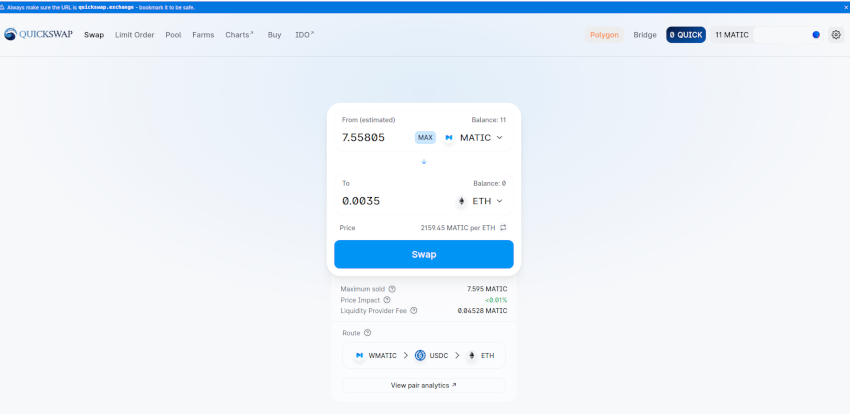 Convert Matic to ETH on quickswap