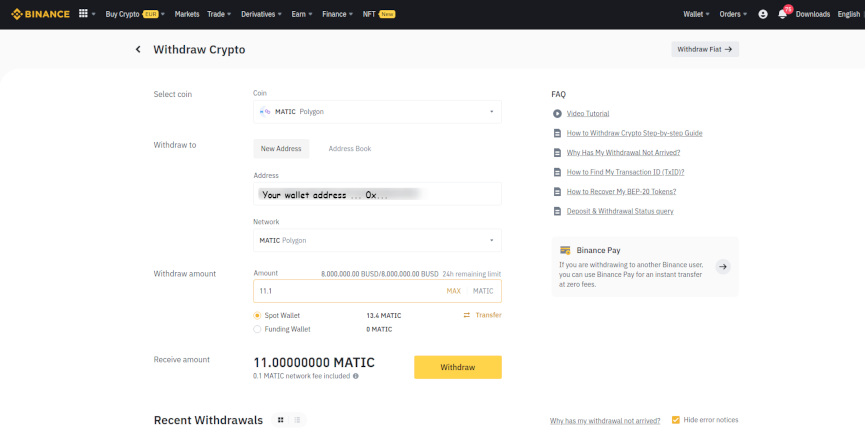 Withdraw Polygon (MATIC) from Binance