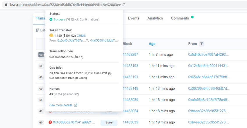CHMB staking on Bscscan